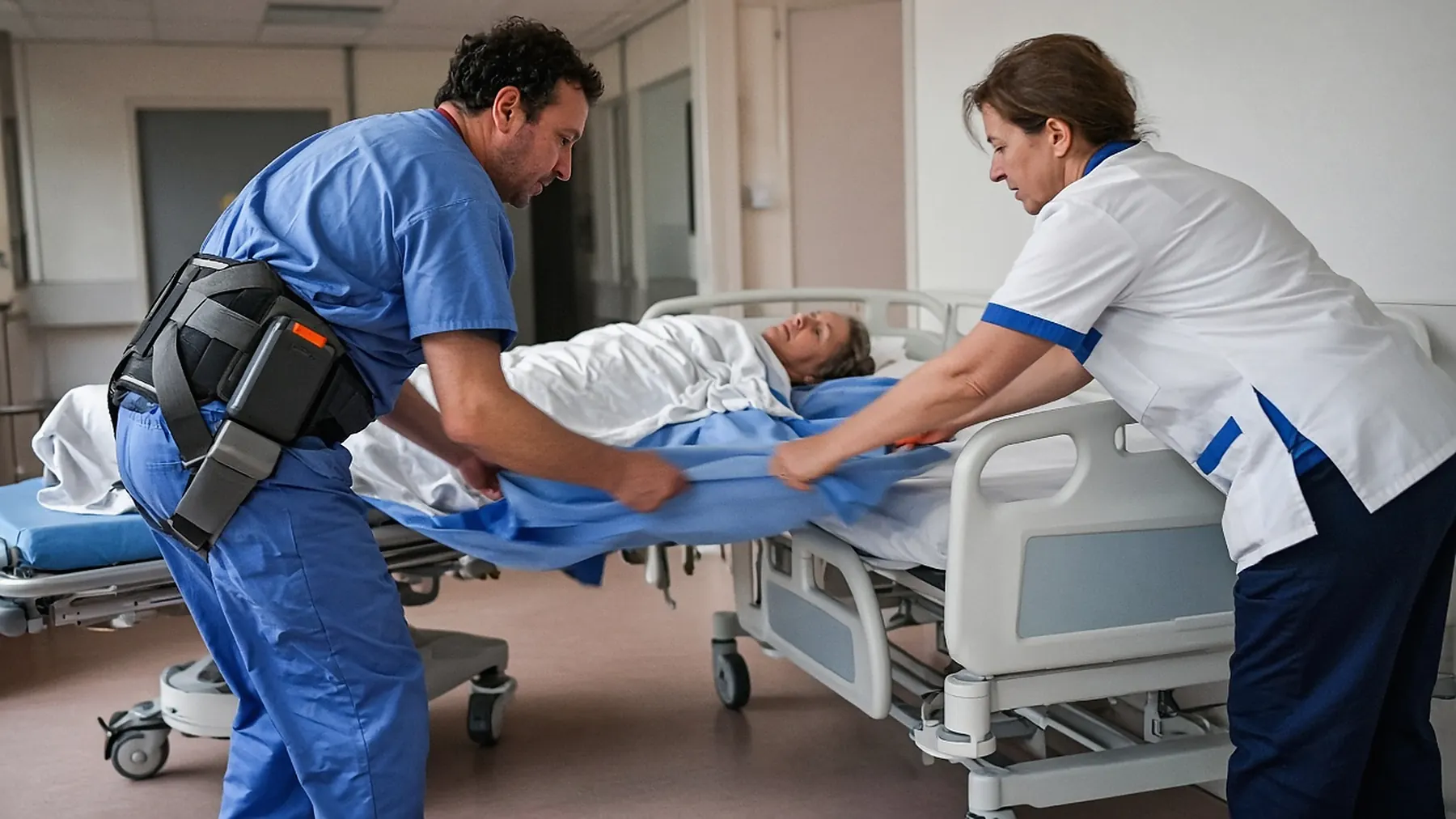 Brancardier et infirmière repositionnant un patient dans un lit d’hôpital, exosquelette lombaire actif