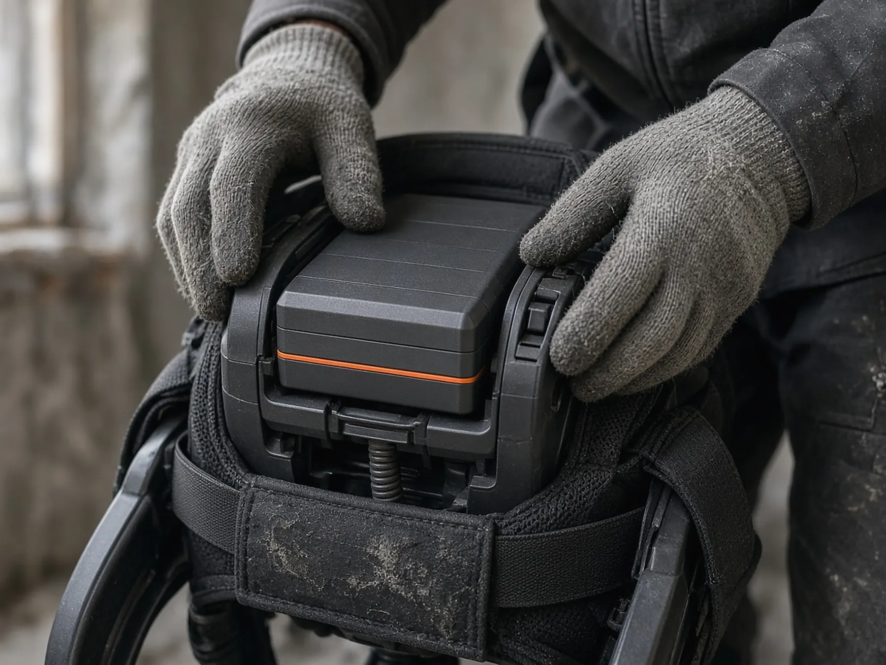 Batterie clipsée à la ceinture d’un exosquelette motorisé