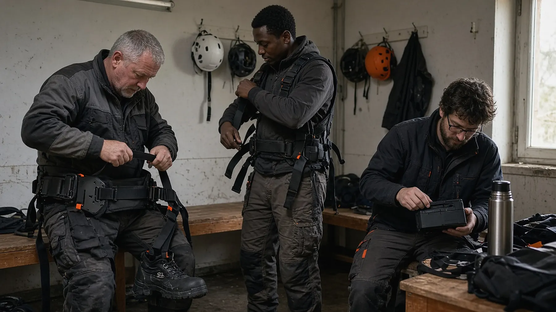 Compagnons enfilant leurs exosquelettes dans un vestiaire de chantier au petit matin