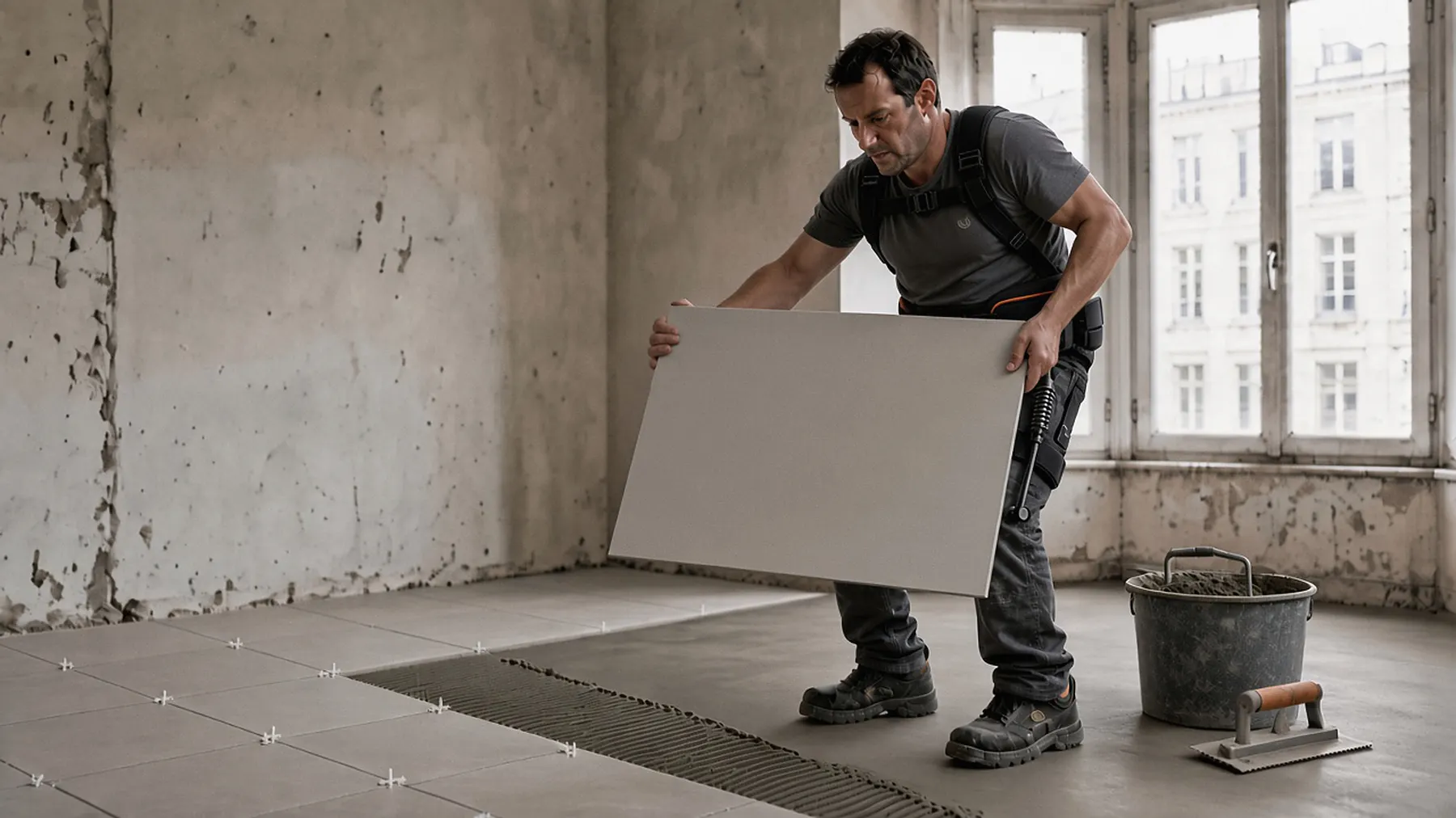 Carreleur portant un exosquelette lombaire, soulevant un carreau grand format dans un appartement en rénovation