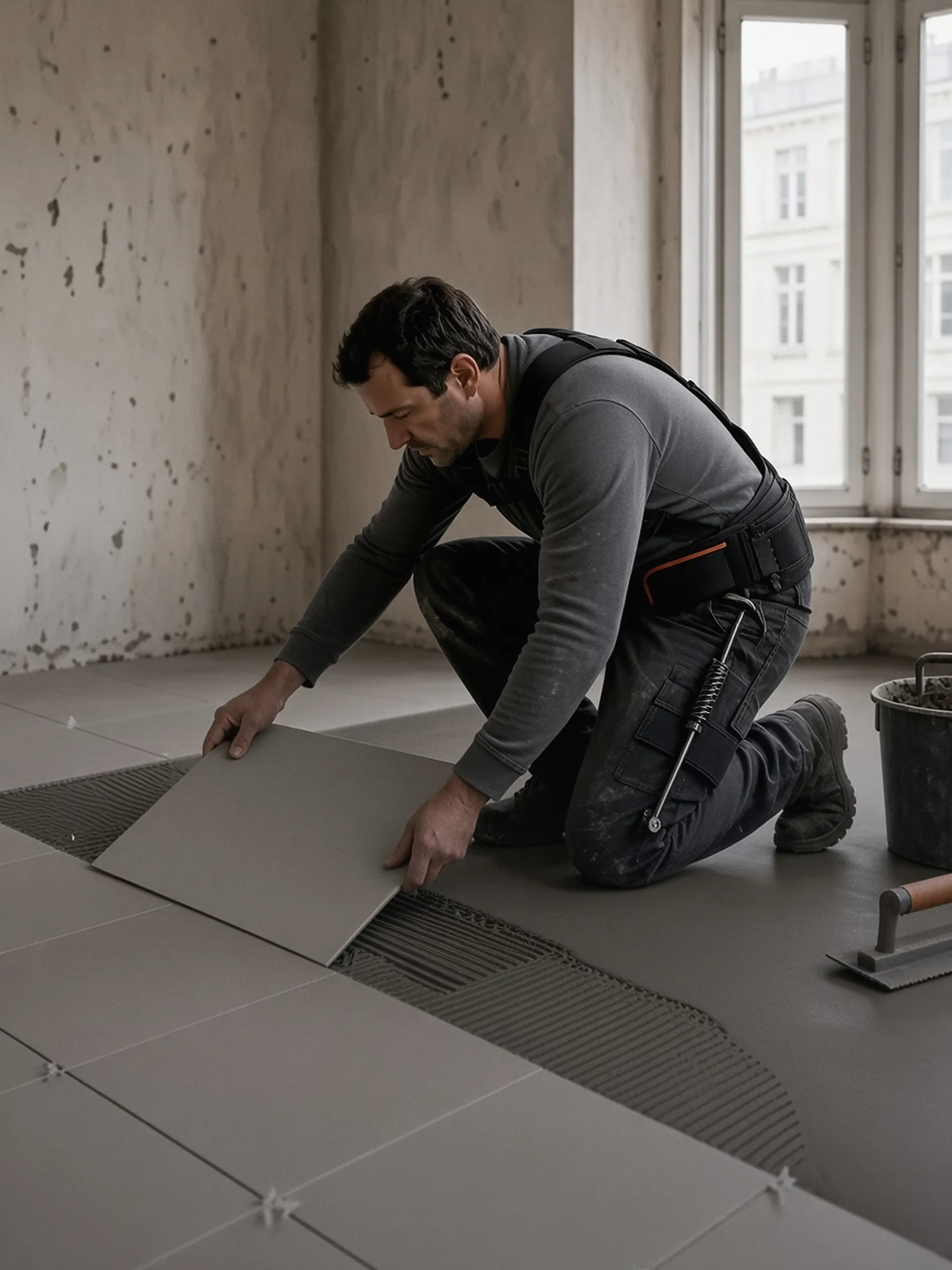 Carreleur agenouillé avec un exosquelette lombaire, carreau grand format en main