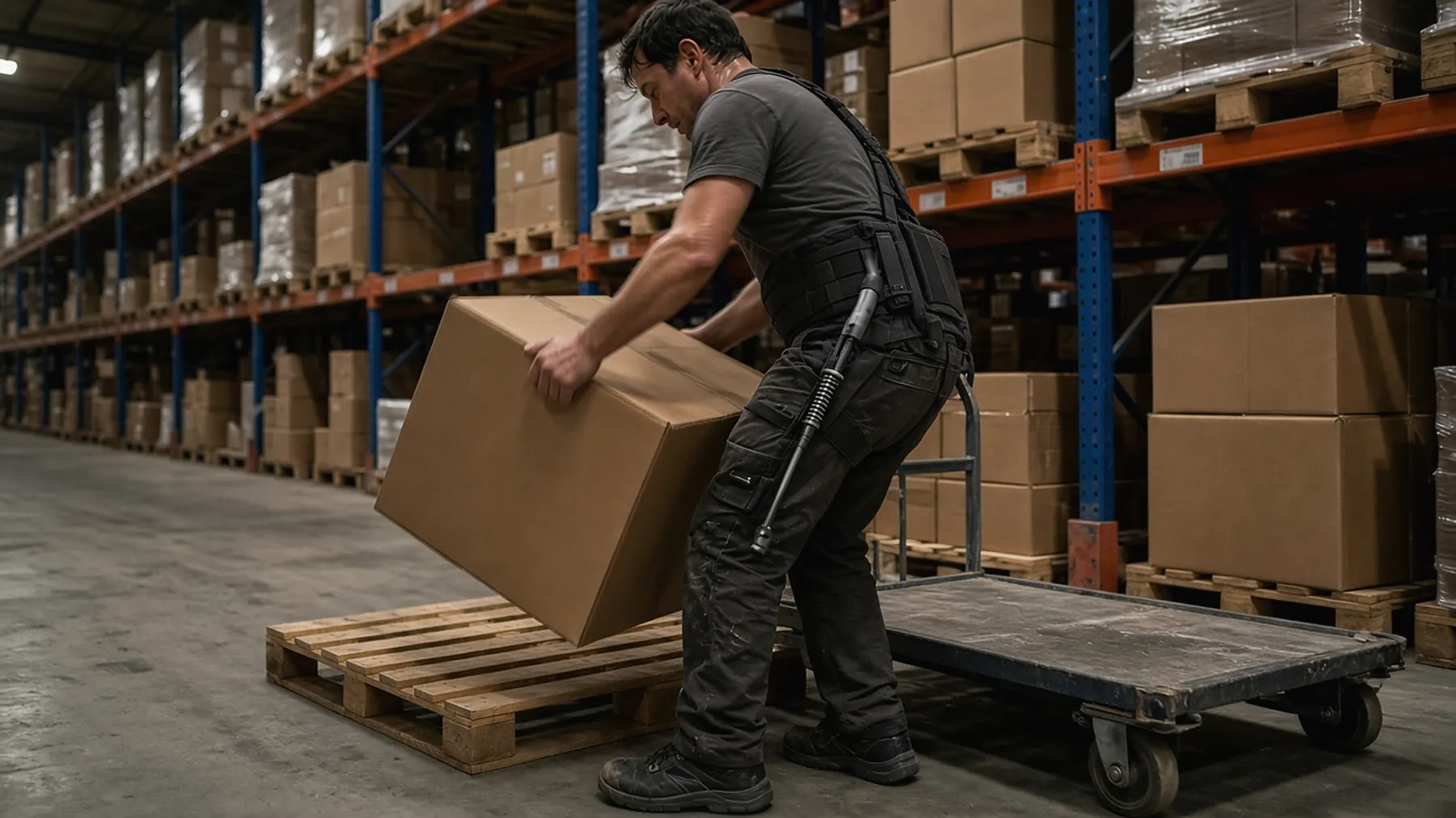 Manutentionnaire soulevant un sac de ciment avec un exosquelette lombaire actif dans un dépôt de matériaux