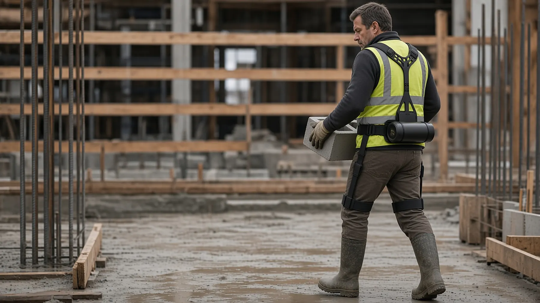 Maçon portant un parpaing avec le Q20 sur un chantier
