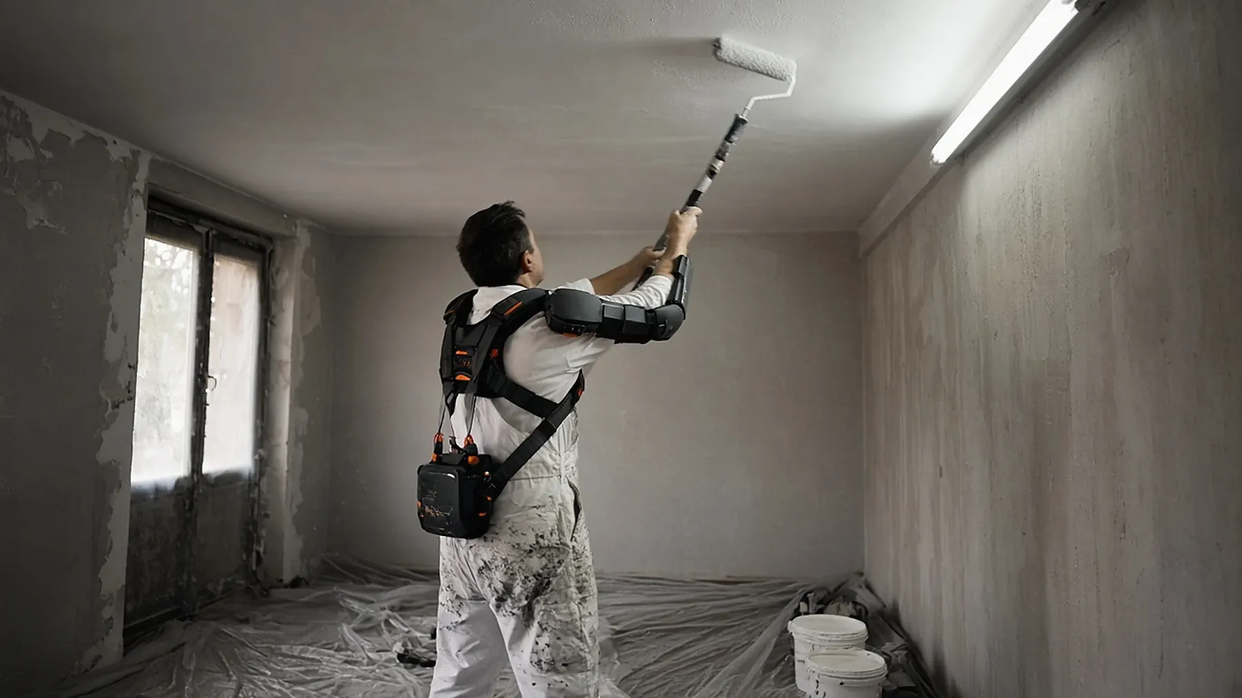 Peintre en bâtiment au rouleau sur perche, plafond blanc, exosquelette d’épaules, brouillard de peinture