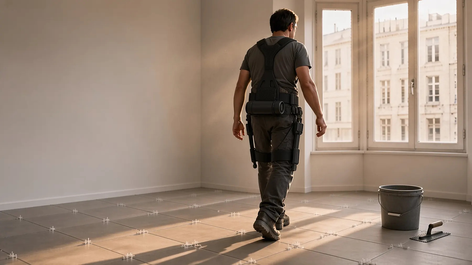 Carreleur portant un exosquelette de soutien lors de la pose de carrelage dans un logement vide
