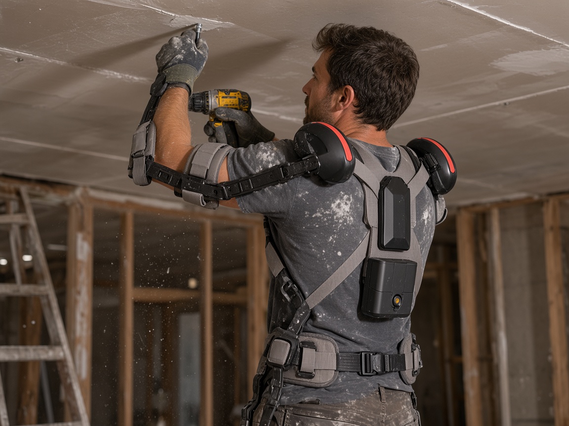 Exosquelette à moteur VIGX porté par un compagnon qui visse un plafond en plaques de plâtre, bras levés au-dessus des épaules