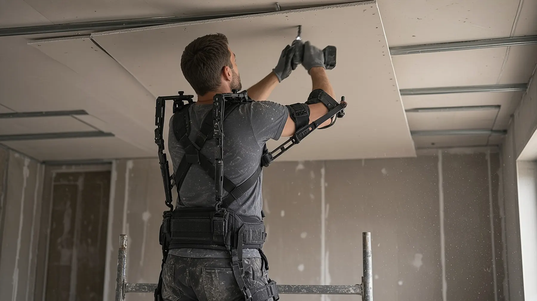 Plaquiste vissant une plaque de plâtre au plafond, exosquelette d’épaules, poussière dans la lumière