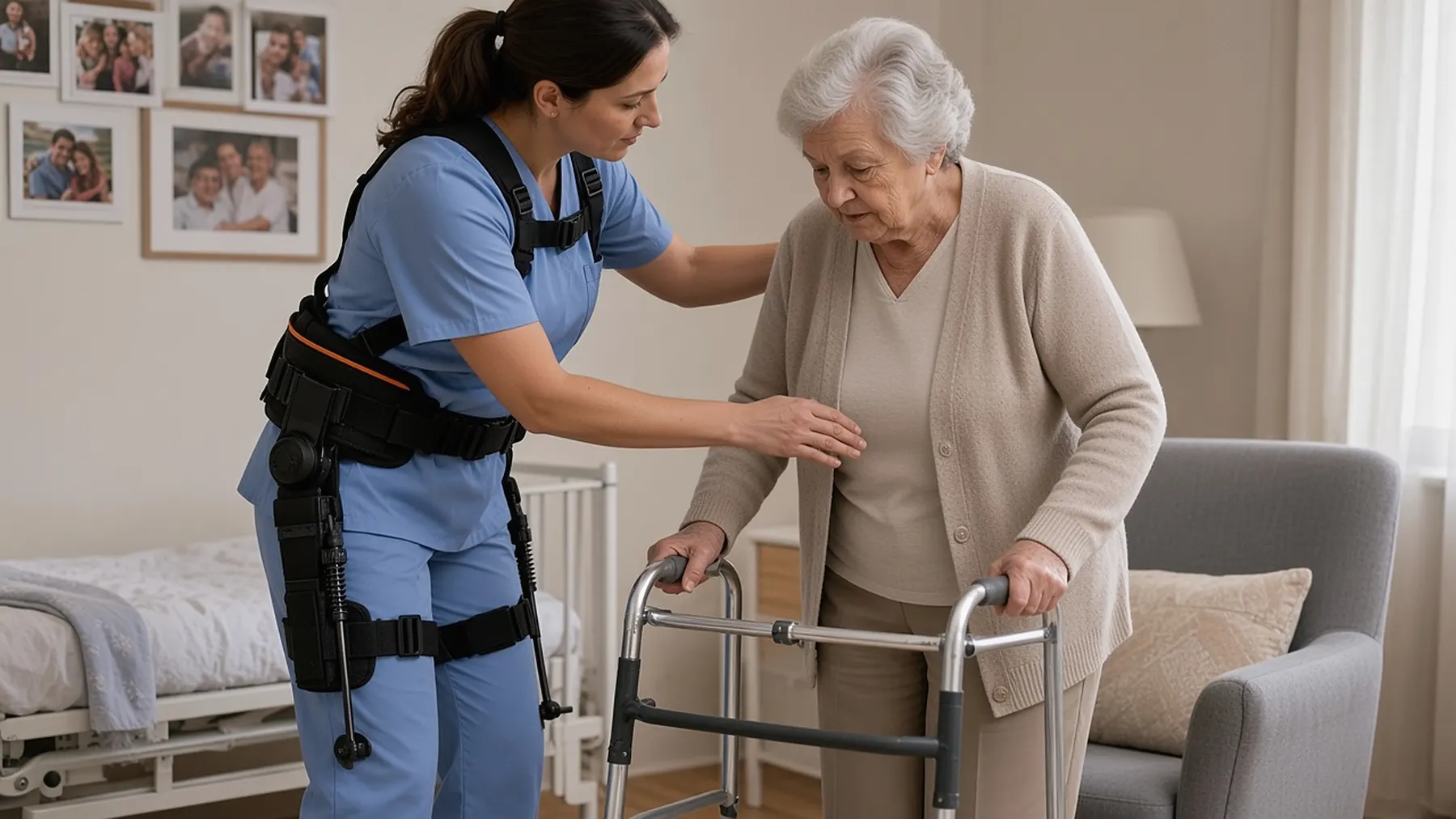 Aide-soignante équipée d’un exosquelette lombaire souple aidant une résidente à se lever de son fauteuil, chambre d’EHPAD