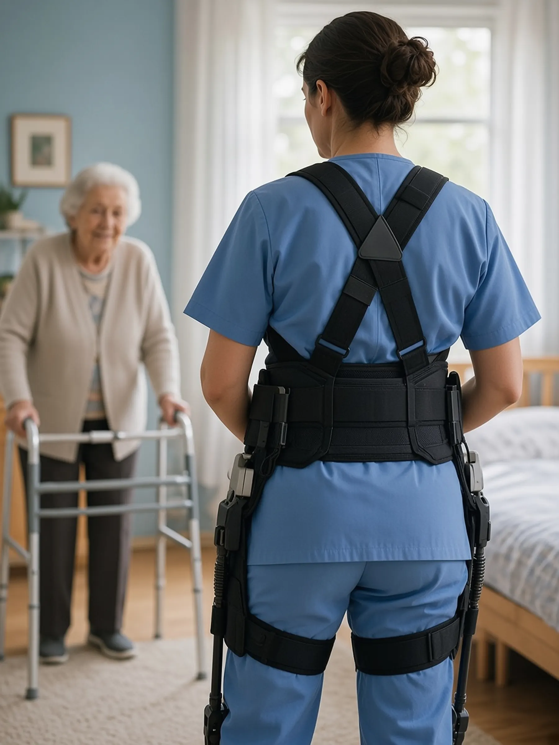 Aide-soignante de dos, exosquelette lombaire passif avec tiges de cuisse, aidant une résidente au déambulateur