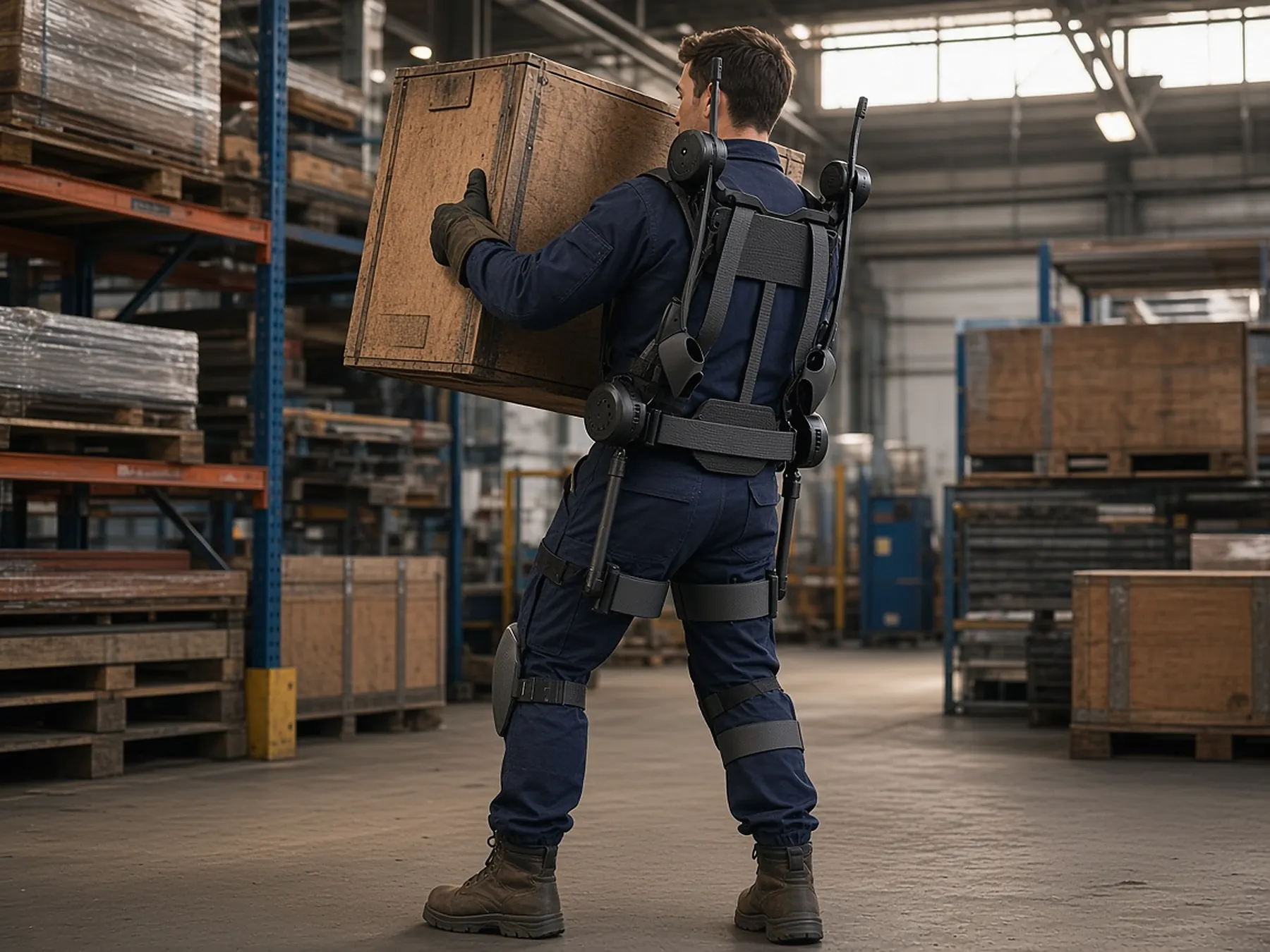 Manutentionnaire portant une caisse avec le WA1 dans un entrepôt