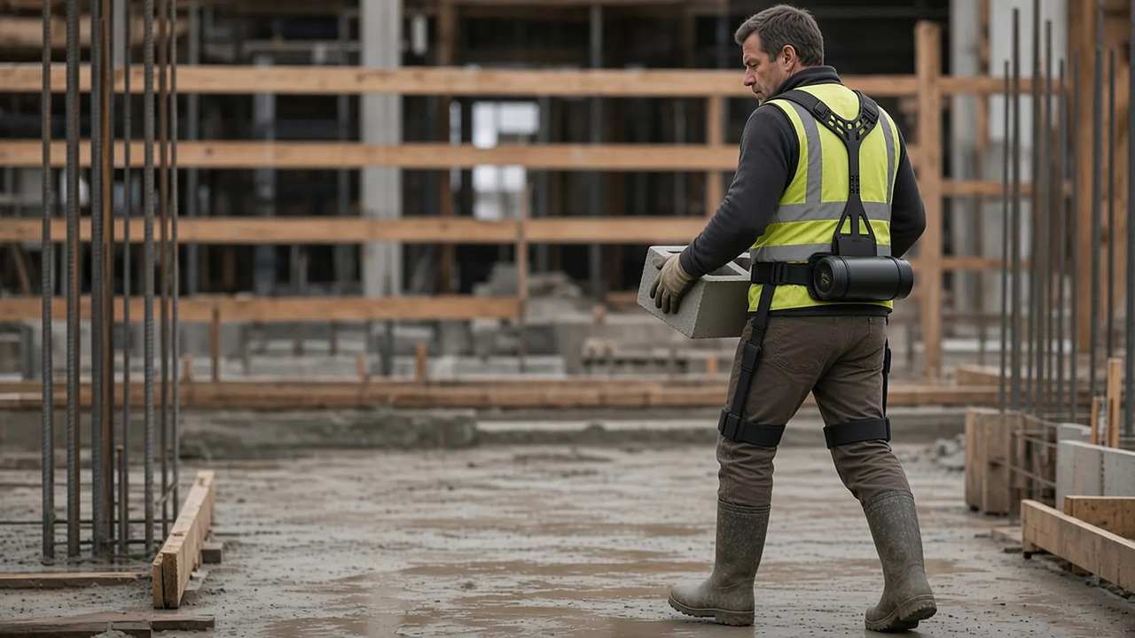 Maçon portant un parpaing avec un exosquelette